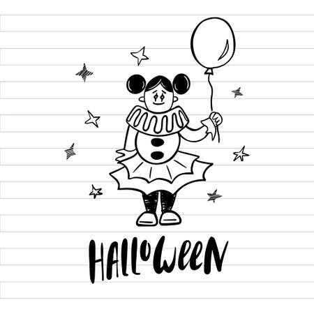 Cute girl in a scary clown costume with a baloon, stars and lettering on a lined notebook background. Halloween party design print card, invitation, banner. Funny hand drawing style vector illustration.のイラスト素材