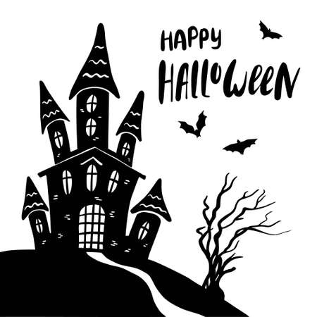 Scary house with a dry tree, flying bats and lettering. Happy Halloween night design print card, invitation, banner. Funny hand drawing style vector illustration.のイラスト素材