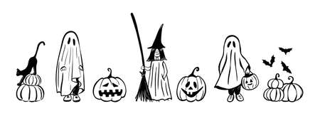 Halloween cute kids costume party banner. Funny hand drawing ink style vector illustration set with black cat, ghosts boy and girl, witch girl, flying bats and pumpkins. Design template for print card, invitation, poster.のイラスト素材