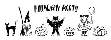 Halloween cute kids costume party banner. Funny hand drawing ink style vector illustration set with black cat, witch girl, batman boy, clown girl and pumpkins. Design template for print card, invitation, poster.のイラスト素材