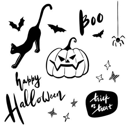 Halloween doodle set. Funny hand drawn style vector illustration with bat, black cat, pumpkin, spider, night stars and lettering sticker for print card, invitation, banners.のイラスト素材