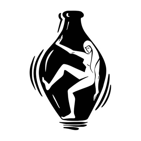Desperate naked woman inside a vessel trying to get out. Mental health concept. Hand drawn black and white vector illustration.のイラスト素材