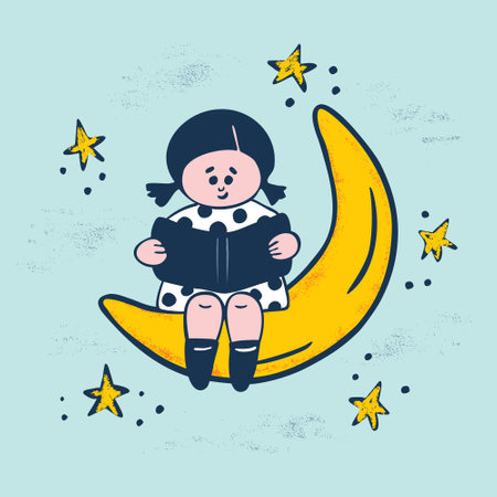 Little cute girl sitting on the moon and reading book among the stars. Flat hand drawn minimal vector styleのイラスト素材
