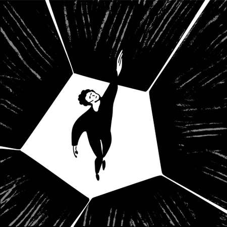 Man stuck inside a walls trying to get out by jumping to the top. Mental health concept. Hand drawn black and white vector illustration.のイラスト素材