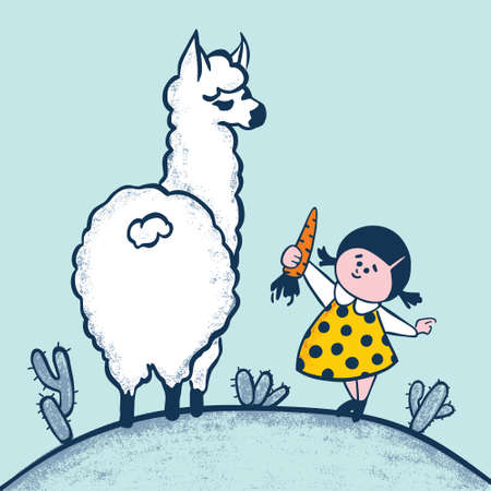 Little cute girl feeding the white lama with a carrot among the cacti. Zoo concept. Flat hand drawn minimal vector illustration.のイラスト素材