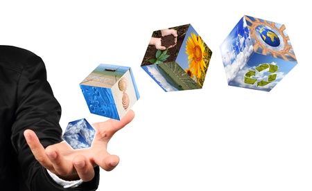 Business man hand holding with nature image and recycle sign isolated on white