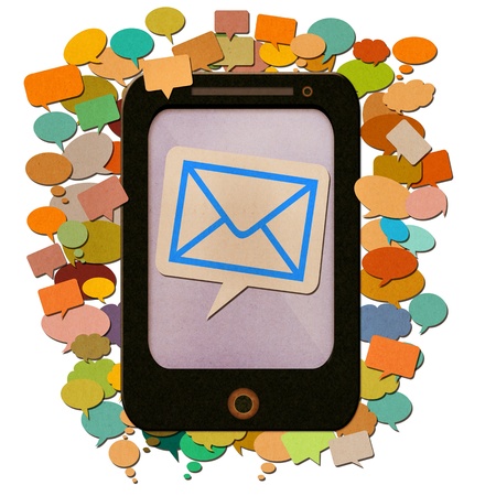 e-mail messages on smartphone with messages icon created by recycled paper craft isolate on white backgroundの写真素材