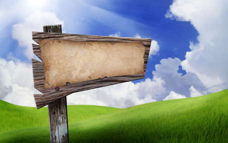 Grunge paper with wooden board sign on fieldの写真素材
