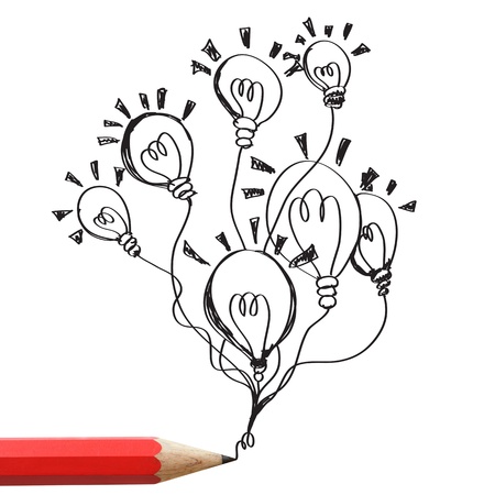 Red pencil drawing light bulbs isolated on white backgroundの写真素材
