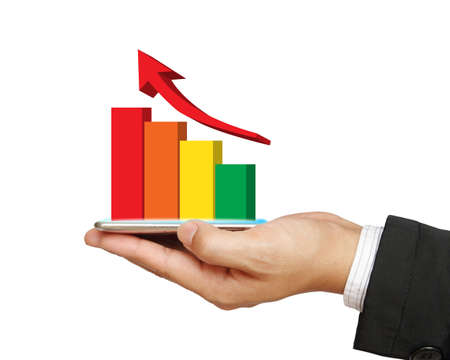 Mobile phone screen with graph on business hand isolated on whiteの写真素材