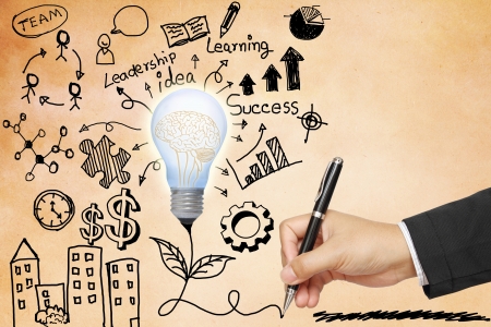 Business hand drawing light bulb with symbols illustration on grunge paper backgroundの写真素材