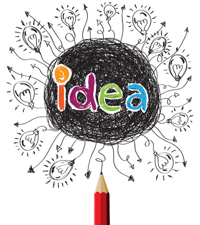 Creative red pencil with abstract speech bubbles and bulbs idea colorful concept illustration vectorのイラスト素材