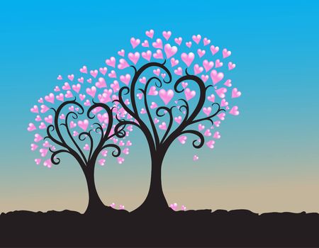 Trees hearts silhouette illustration on blue sky backgroundのイラスト素材