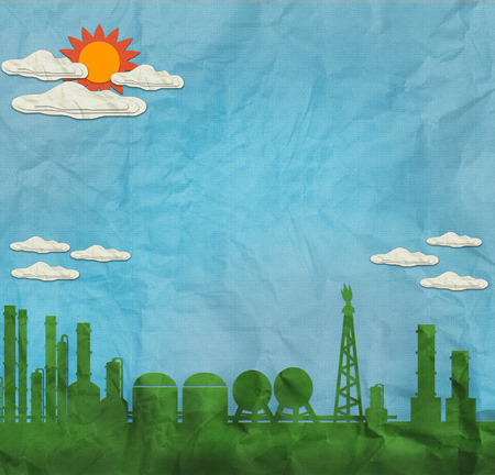 Green Industrial building vintage style on blue sky created by recycle paper craft stickの写真素材