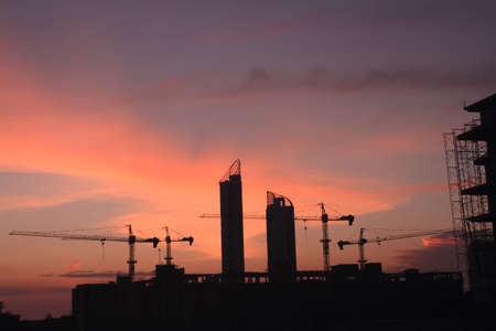 Construction Site with colorful sunset in Pattaya of Thailandの写真素材