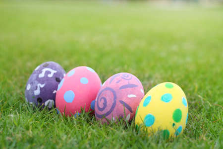 Eggs painted pastel line in the grass background.
