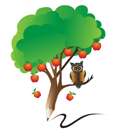 pencil school education by green apple tree  and owl read a book on white isolate background.のイラスト素材