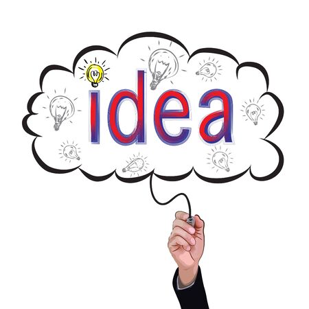 Hand holding pencil writes the word idea inside idea box, business illustration concept.のイラスト素材