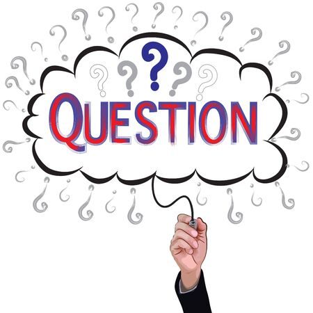 Hand holding pencil writes the word question inside idea box, business illustration concept.のイラスト素材
