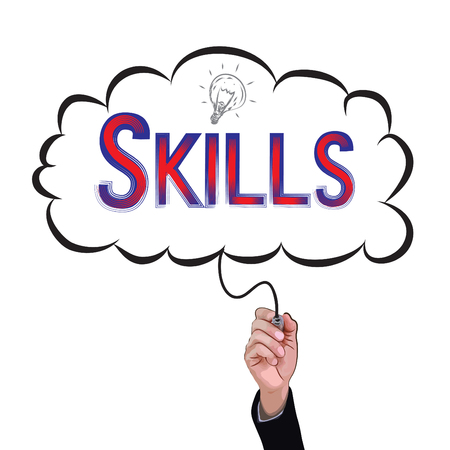 Hand holding pencil writes the word skills inside idea box, business illustration concept.のイラスト素材