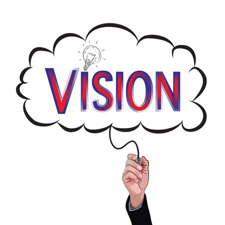 Hand holding pencil writes the word vision inside idea box, business illustration concept.のイラスト素材