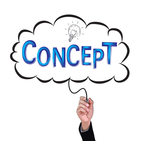 Hand holding pencil writes the word concept inside idea box, business illustration concept.のイラスト素材