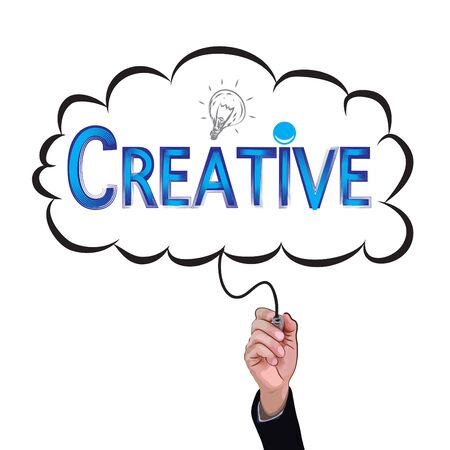 Hand holding pencil writes the word creative inside idea box, business illustration concept.のイラスト素材