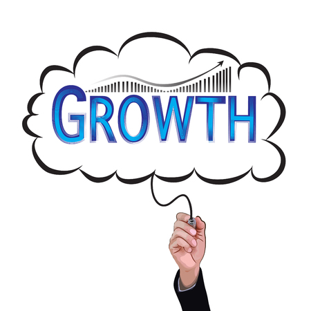 Hand holding pencil writes the word growth inside idea box, business illustration concept.のイラスト素材