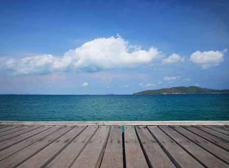 Relax time wooden floor and beautiful sea background in Thailandの写真素材