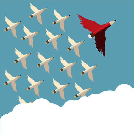 Leadership concept.Red pencil and follower with wing flying to sky oblique to the right.Cloud copy space and Leadership Red pencil business concept vector.のイラスト素材