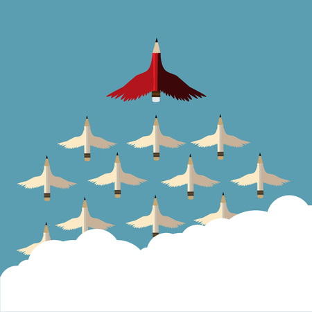 Leadership concept.Red pencil and follower with wing flying to sky.Cloud copy space and Leadership Red pencil business concept vector.のイラスト素材