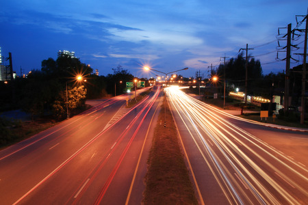 Car light trails Rayong province to Pattaya in Thailand .Motion Red Speed Light on road to Pattaya...