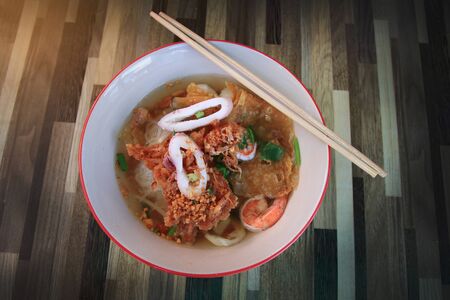 Seafood Tom Yum Noodle of street Thai foodの写真素材