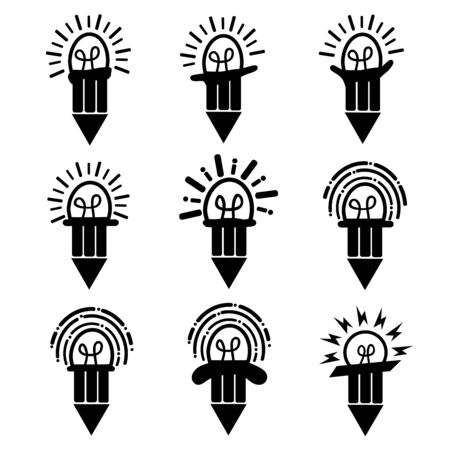 Bulbs icons set funny pencils symbol ideas vector. Inspiration pencil symbols ideas object education and business concept.のイラスト素材