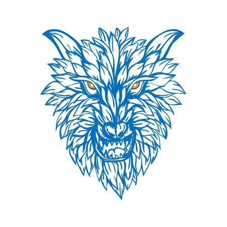Abstract blue outline a ferocious wolf illustrationのイラスト素材