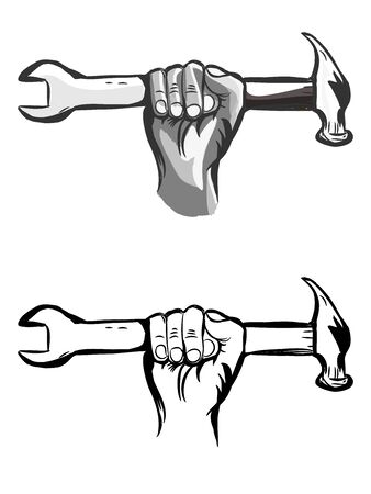 Hand holding hammer and wrench symbol industry concept vector  cut out on whiteのイラスト素材