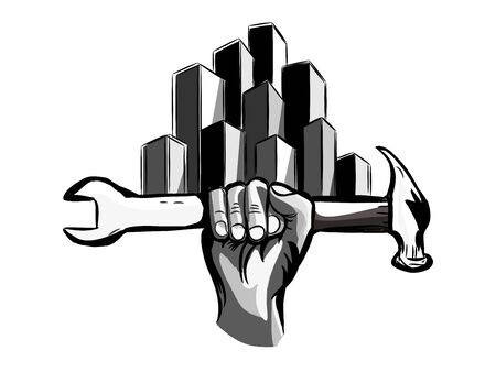 Hand holding hammer and wrench symbol with abstract building on hand concept on white backgroundのイラスト素材