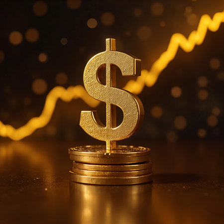 The dollar symbol made of gold with a beautiful stock chart in the background