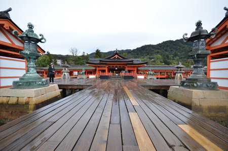 MIYAJIMA, JAPAN - DECEMBER 12: Tourists visit Itsukushima Shrine on December 12, 2014 in Miyajima, Japan. Miyajima is a shinto holy site and listed in the World heritage of UNESCO.のeditorial素材