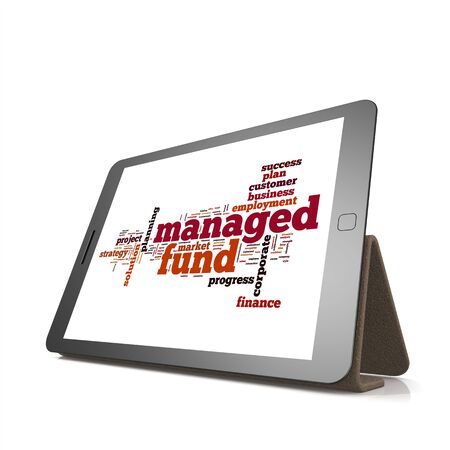Managed fund word cloud on tablet image with hi-res rendered artwork that could be used for any graphic design.の写真素材
