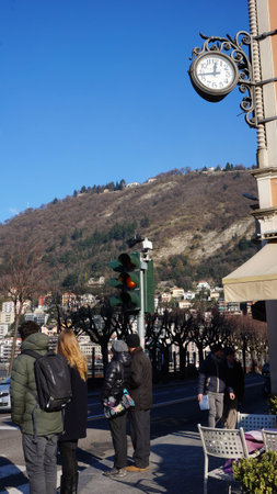 COMO, ITALY, JAN 26: Tourists visit resort town at Lake Como in Varenna, Italy on January 26, 2015. Lake Como is the third largest lake in Italy and the most visited resort near Milan.のeditorial素材