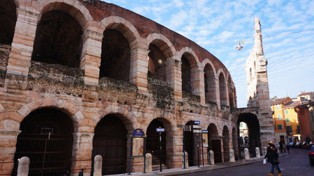 VERONA, ITALY- JAN 11: Tourist visit Piazza Bra in Verona, Italy on January 11, 2015.Piazza Bra often shortened to Bra, is the largest piazza in Verona, Italy.のeditorial素材