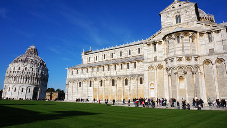 PISA, ITALY - JAN, 15: Tourists visit Piazza dei Miracoli, one of the most famous monument place in Italy, Unesco World Heritage symbol, on January 15, 2015 in Pisa, Italyのeditorial素材