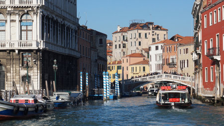 VENICE, ITALY - JAN 26: Motorboat is sailing on Grand Canal in Venice, Italy on January 26, 2015  . Motorboat is one of the most important transportation mode in Venice.のeditorial素材