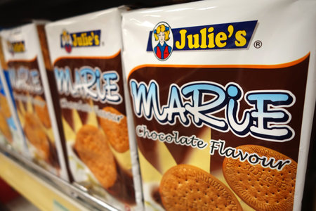 KUALA LUMPUR, MALAYSIA - JUNE 15 2015. Julies Marie chocolate flavour biscuit. The brand âJulieâsâ has been in the Malaysian market since 1982.のeditorial素材