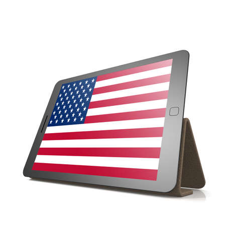 Tablet with United States flag image with hi-res rendered artwork that could be used for any graphic design.の写真素材