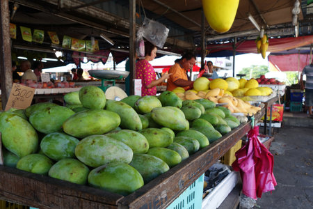 BAHAU, MALAYSIA - APRIL, 23 2012: Unidentified woman sell tropical fruits in the fruit market on the streets of Bahau, Malaysiaのeditorial素材