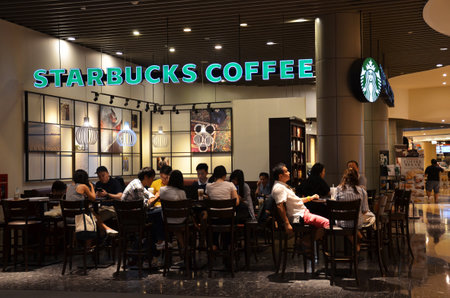 SINGAPORE, MAY 28, 2016: Starbuck Coffee Shop in Marina Bay Link Mall, Singapore. Starbuck is an American global coffee company and coffeehouse chain based in Seattle, Washington, USAのeditorial素材
