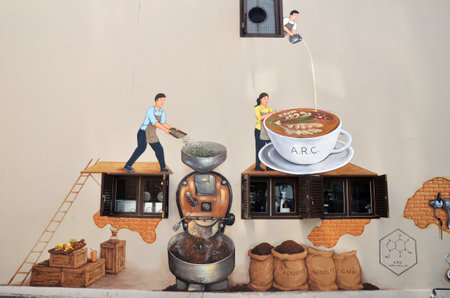 SINGAPORE - 05 JUN, 2015: Decorative Colorful painted walls at Haji lane, Singapore. Haji lane is the famous boutique shopping lane for independent fashion and Middle Eastern cafes in Singaporeのeditorial素材