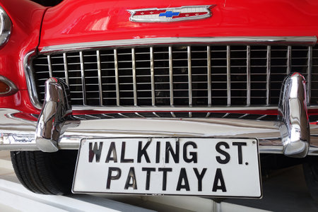 PATTAYA, THAILAND - 19 NOV, 2016: 1955 Chevrolet Bel Air 4 door Sedan, considered "The most recognizable American car of all time" as written on the wall at entrance of the Walking Street Club.のeditorial素材